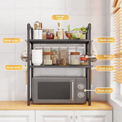 Multi-Purpose Kitchen Storage Rack - Thickened Adjustable Shelf for Microwave, Oven, Countertop Organizer with Tool Hooks
