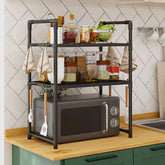 Multi-Purpose Kitchen Storage Rack - Thickened Adjustable Shelf for Microwave, Oven, Countertop Organizer with Tool Hooks