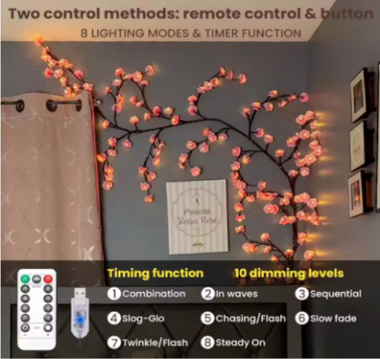 Cherry LED Tree Branch Lights for Wall Cherry Blossom Willow Vine Twig Decor Garland Christmas Decorations Indoor Home Wall Door