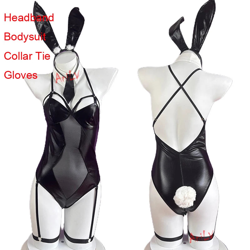 AniLV New Bunny Girl Series Leather Boysuit Unifrom Cosplay Women Zipper Hollow Mesh Rabbit Onesie Pajamas Outfits Costumes