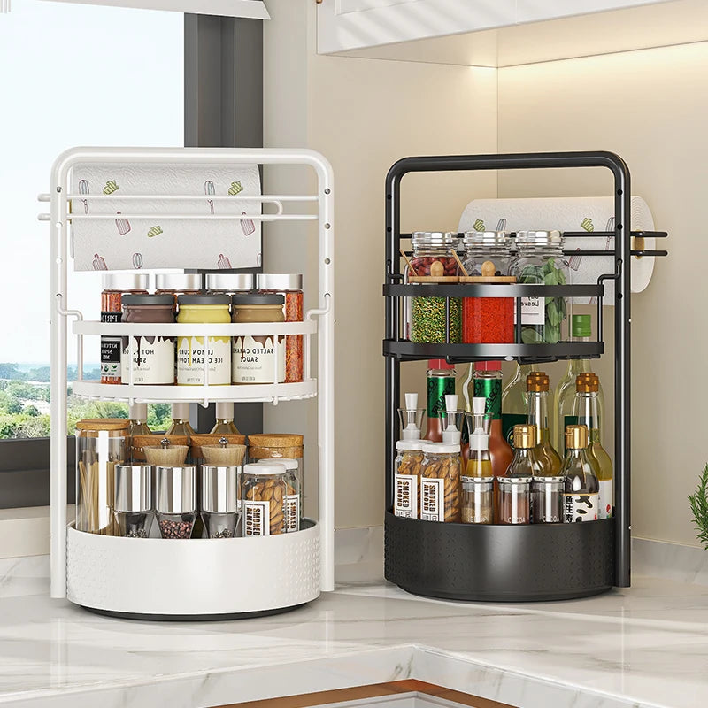 Multi-Tier Rotating Kitchen Organizer Condiment & Paper Towel Storage Rack Multifunctional Countertop Spice Stand for Home Use