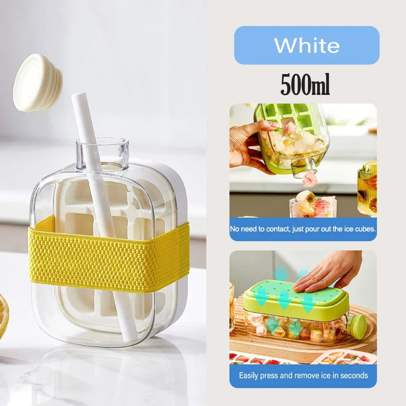 Portable 2-in-1 Ice Cube Mold Summer Cold Water Bottle with Straw Zero Contact Easy Demould Silicone Ice Cube Maker