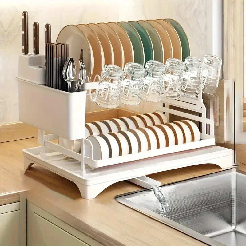 Home Household Under-Sink Organizer 2 Tier 360° Swivel Dish Drying Rack with Drainboard Utensil Holder No-Drill Metal