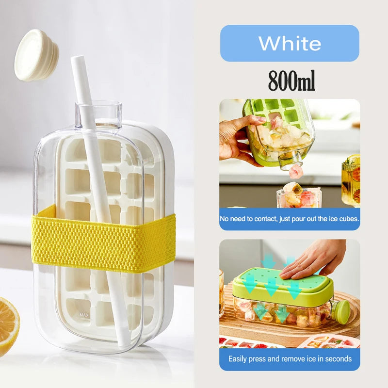 Portable 2-in-1 Ice Cube Mold Summer Cold Water Bottle with Straw Zero Contact Easy Demould Silicone Ice Cube Maker