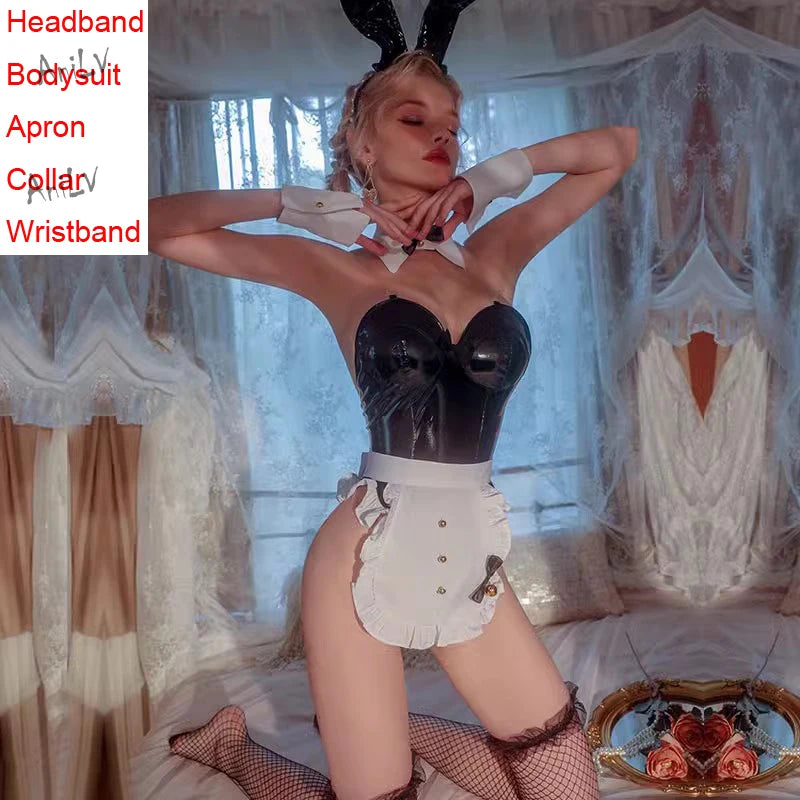 AniLV New Bunny Girl Series Leather Boysuit Unifrom Cosplay Women Zipper Hollow Mesh Rabbit Onesie Pajamas Outfits Costumes