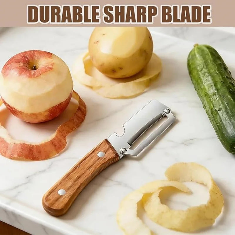 2 PCS Premium Vegetable Peeler Set Stainless Steel Blade with Wooden Handle Kitchen Tool for Fruit Apple Potato Pumpkin Papaya Zucchini Includes Bottle Opener
