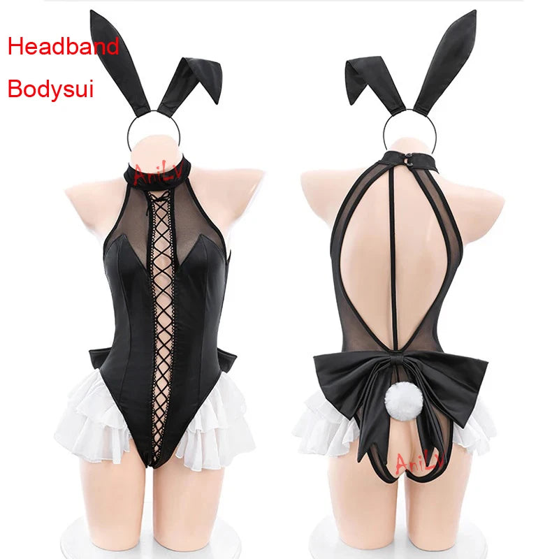 AniLV New Bunny Girl Series Leather Boysuit Unifrom Cosplay Women Zipper Hollow Mesh Rabbit Onesie Pajamas Outfits Costumes