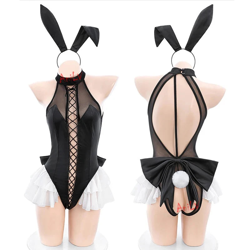AniLV New Bunny Girl Series Leather Boysuit Unifrom Cosplay Women Zipper Hollow Mesh Rabbit Onesie Pajamas Outfits Costumes