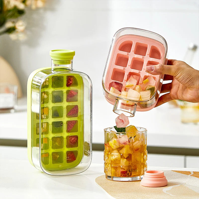 Portable 2-in-1 Ice Cube Mold Summer Cold Water Bottle with Straw Zero Contact Easy Demould Silicone Ice Cube Maker