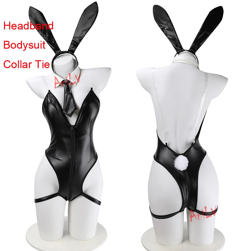 AniLV New Bunny Girl Series Leather Boysuit Unifrom Cosplay Women Zipper Hollow Mesh Rabbit Onesie Pajamas Outfits Costumes