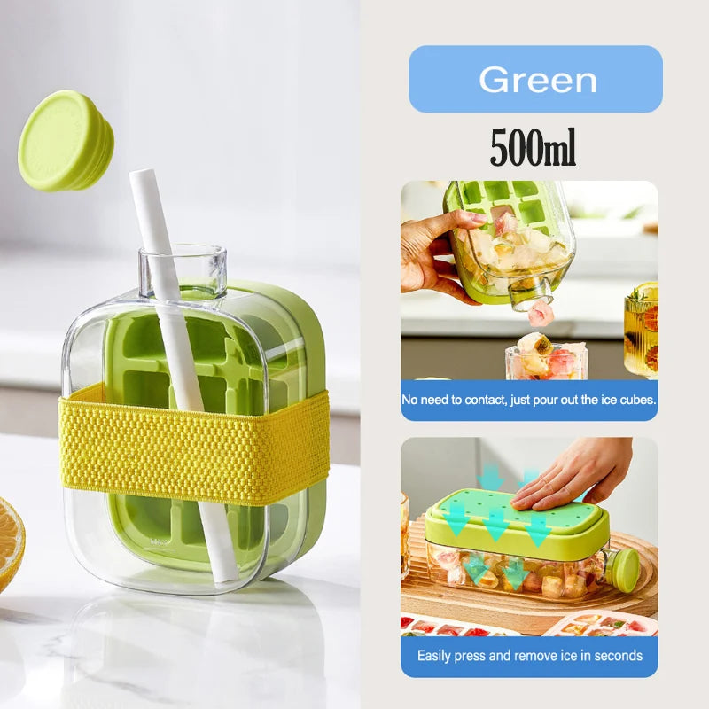 Portable 2-in-1 Ice Cube Mold Summer Cold Water Bottle with Straw Zero Contact Easy Demould Silicone Ice Cube Maker