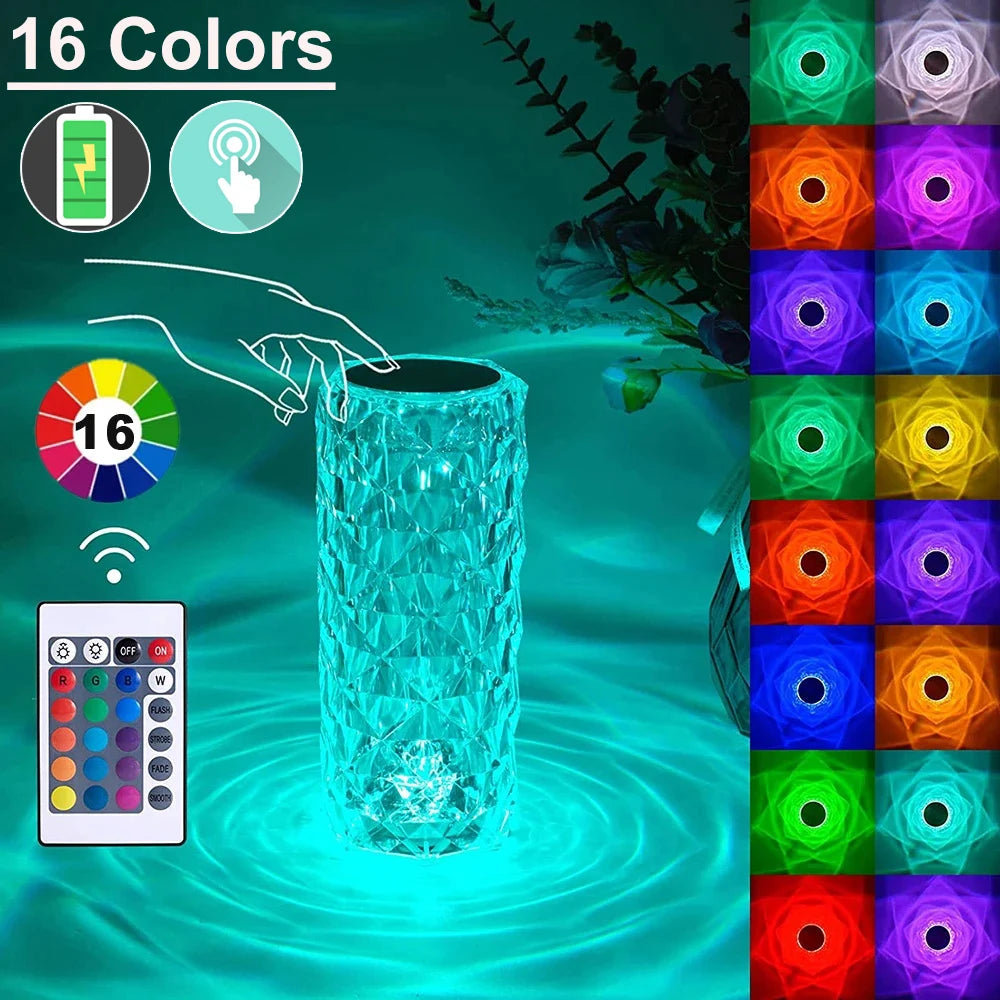 Crystal Rose Lamp 16 Colors RGB Night Light Touch Lamp USB Romantic LED Rose Table Lamps For Bedroom Party Dinner Decor Light