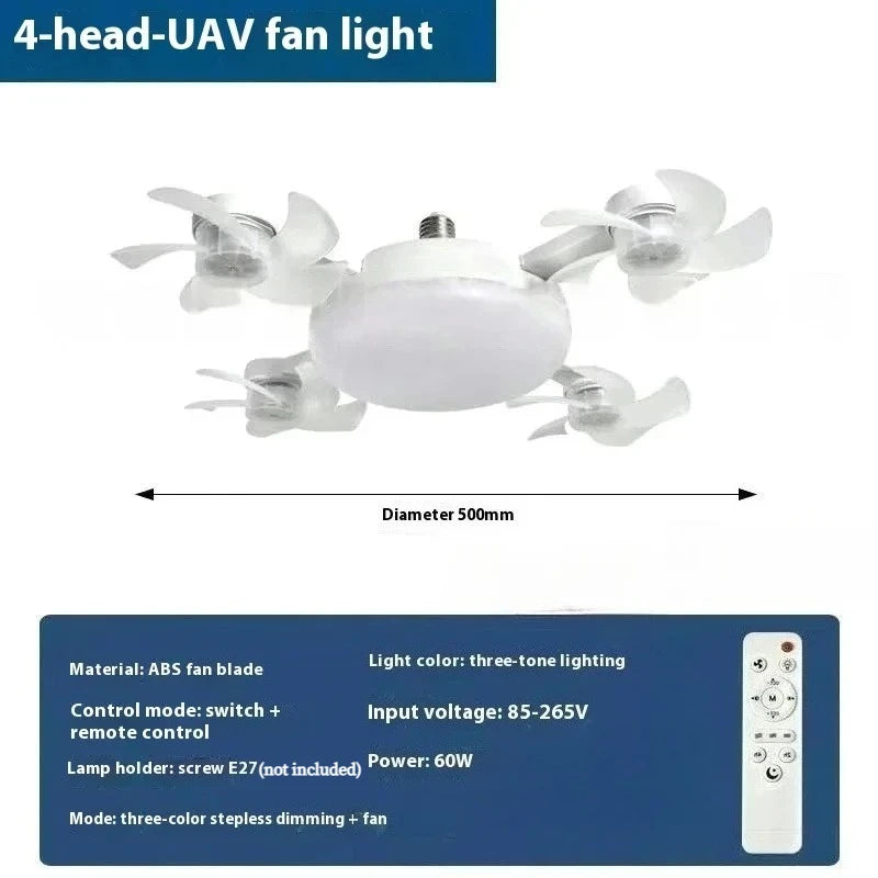 LED Silent Drone Fan Light with E27 Screw Creative 3/4/5 Head Remote-Controlled 3-Speed Adjustable for Home Living Room Bedroom