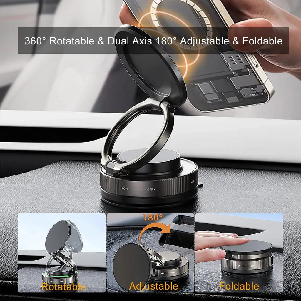 360° Rotatable Vacuum Magnetic Car Phone Mount-Dual-Axis Adjustable Suction Cup Holder for Dashboard/Windshield, Compatible with