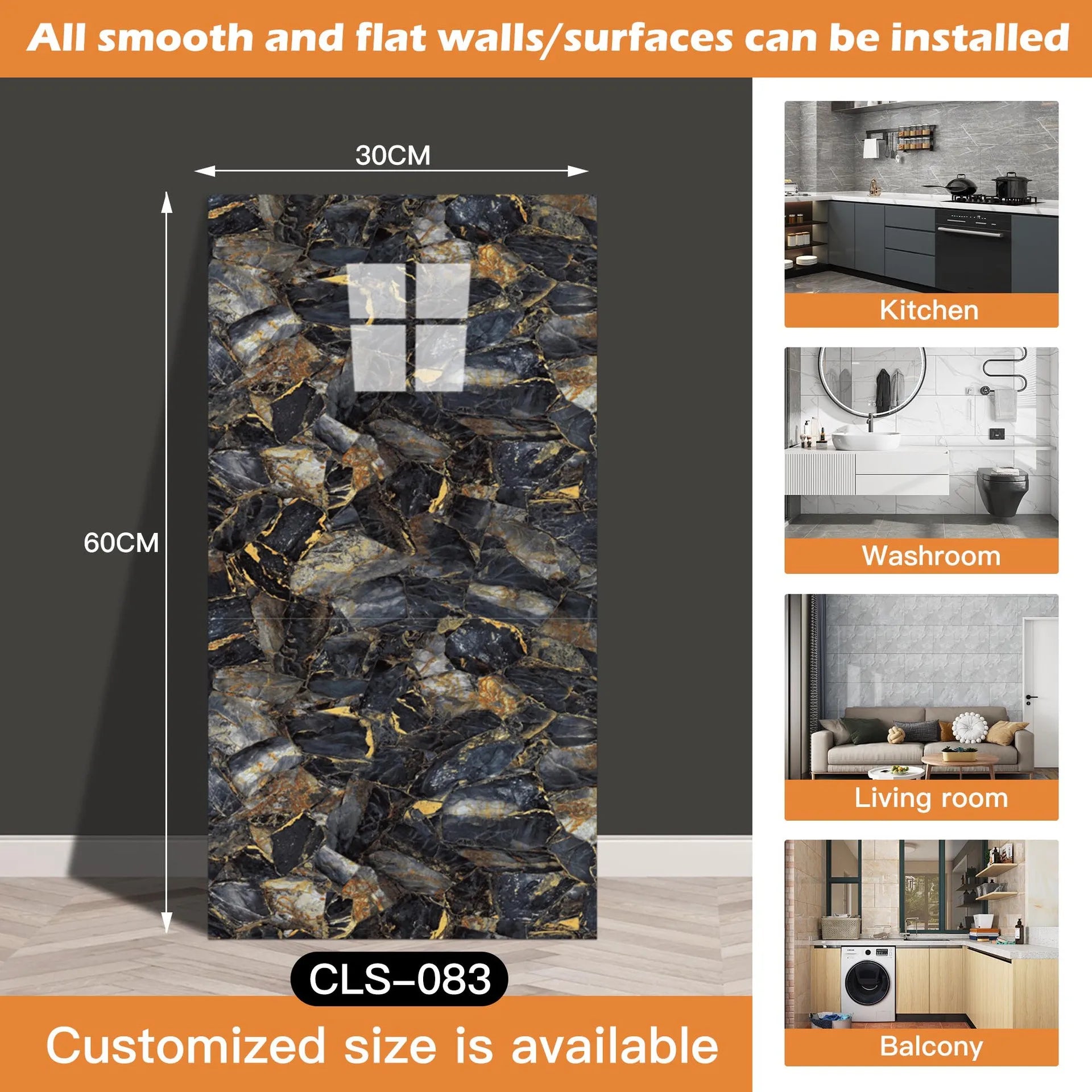 30x60/30cm Kitchen Self Adhesive Marble Tiles Wall Stickers Waterproof PVC Floor Tile Sticker Living Room Bathroom Decor