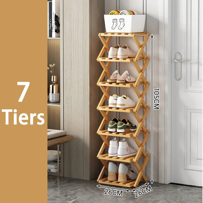 2-9 Tiers Bamboo Shoe Rack Without Installation Small Shoe Rack, Foldable Shoe Storage Rack, Shoe Organizer for Entryway