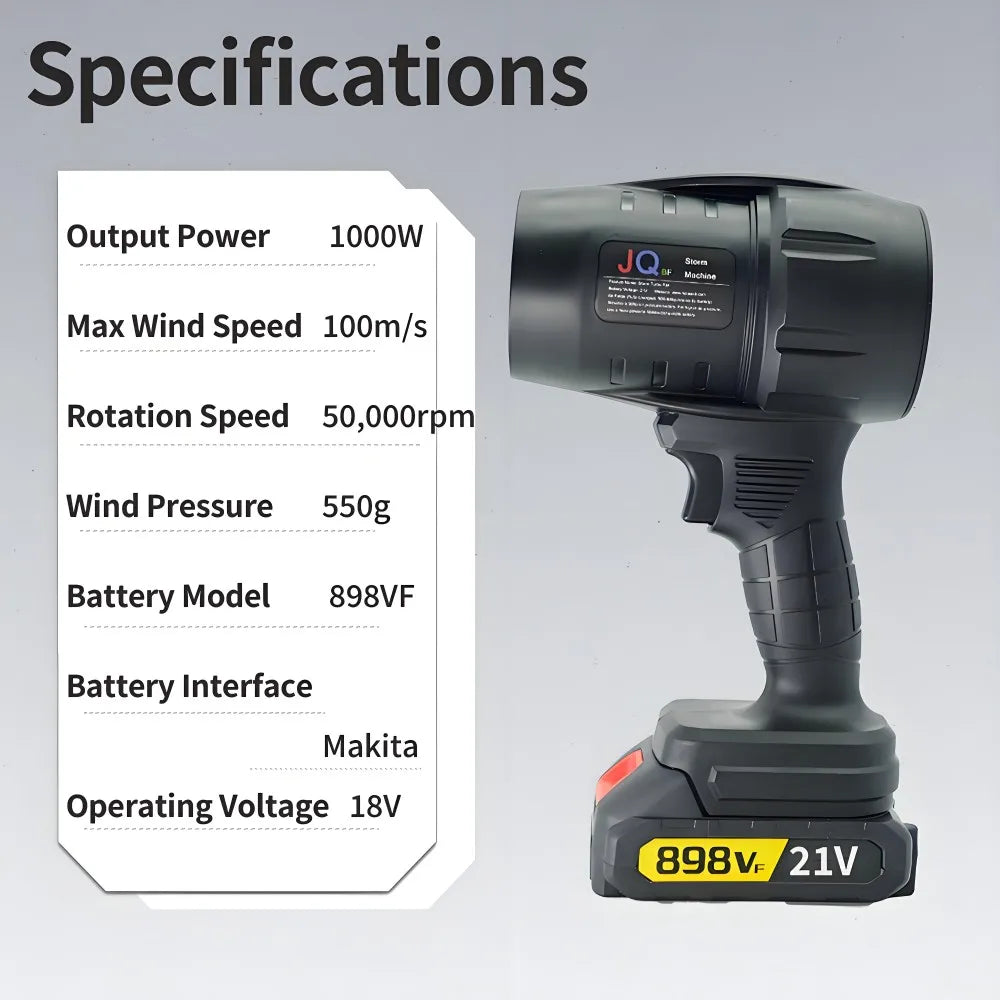 Powerful Air Blower Turbo Fan with Thrust 550g to Cleaning Fallen Leaves, Snow and Sand with 21V Makita-Style Battery