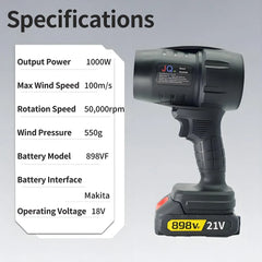 Powerful Air Blower Turbo Fan with Thrust 550g to Cleaning Fallen Leaves, Snow and Sand with 21V Makita-Style Battery