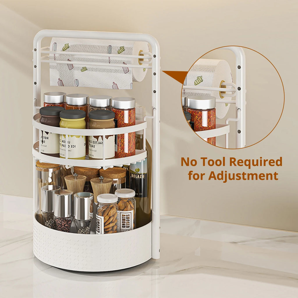 Multi-Tier Rotating Kitchen Organizer Condiment & Paper Towel Storage Rack Multifunctional Countertop Spice Stand for Home Use