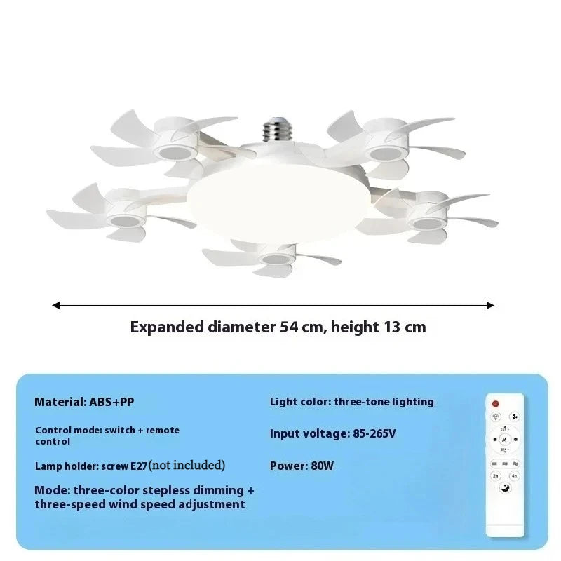 LED Silent Drone Fan Light with E27 Screw Creative 3/4/5 Head Remote-Controlled 3-Speed Adjustable for Home Living Room Bedroom