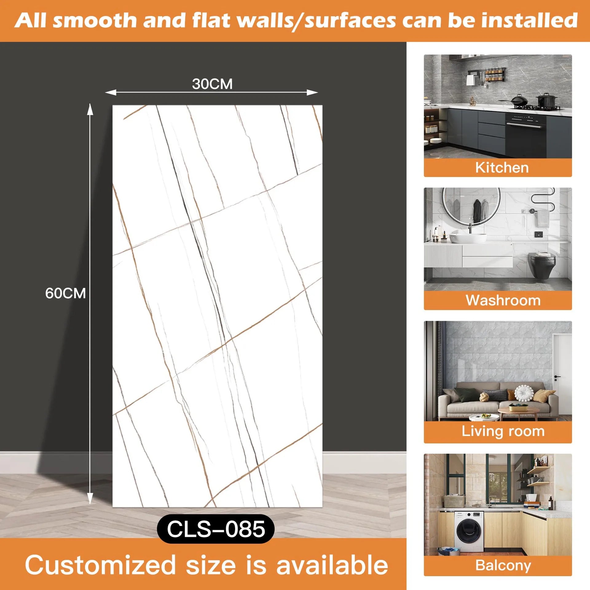 30x60/30cm Kitchen Self Adhesive Marble Tiles Wall Stickers Waterproof PVC Floor Tile Sticker Living Room Bathroom Decor