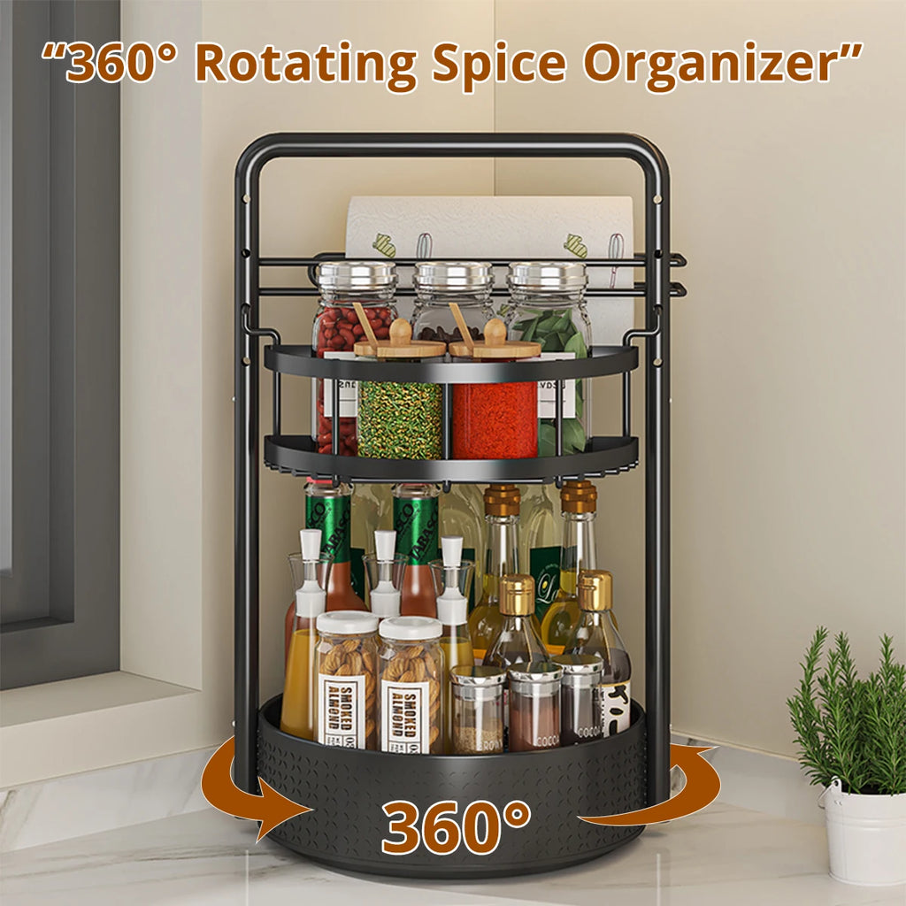 Multi-Tier Rotating Kitchen Organizer Condiment & Paper Towel Storage Rack Multifunctional Countertop Spice Stand for Home Use