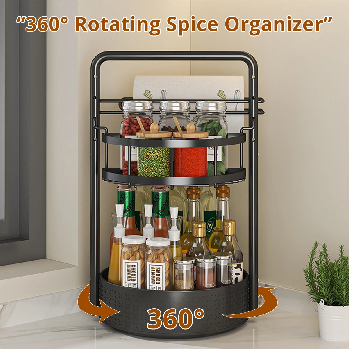 Multi-Tier Rotating Kitchen Organizer Condiment & Paper Towel Storage Rack Multifunctional Countertop Spice Stand for Home Use