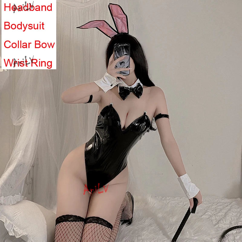 AniLV New Bunny Girl Series Leather Boysuit Unifrom Cosplay Women Zipper Hollow Mesh Rabbit Onesie Pajamas Outfits Costumes