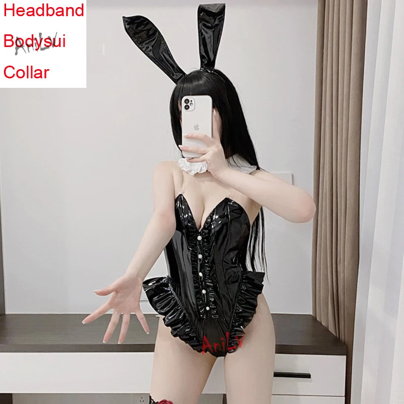 AniLV New Bunny Girl Series Leather Boysuit Unifrom Cosplay Women Zipper Hollow Mesh Rabbit Onesie Pajamas Outfits Costumes