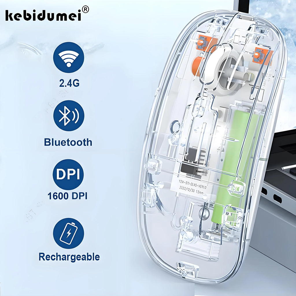 Bluetooth Mouse 2.4G Wireless Mouse Dual-Mode Transparent Mouse 1600 DPI Silent Mouse Rechargeable Mice for PC Laptop Macbook