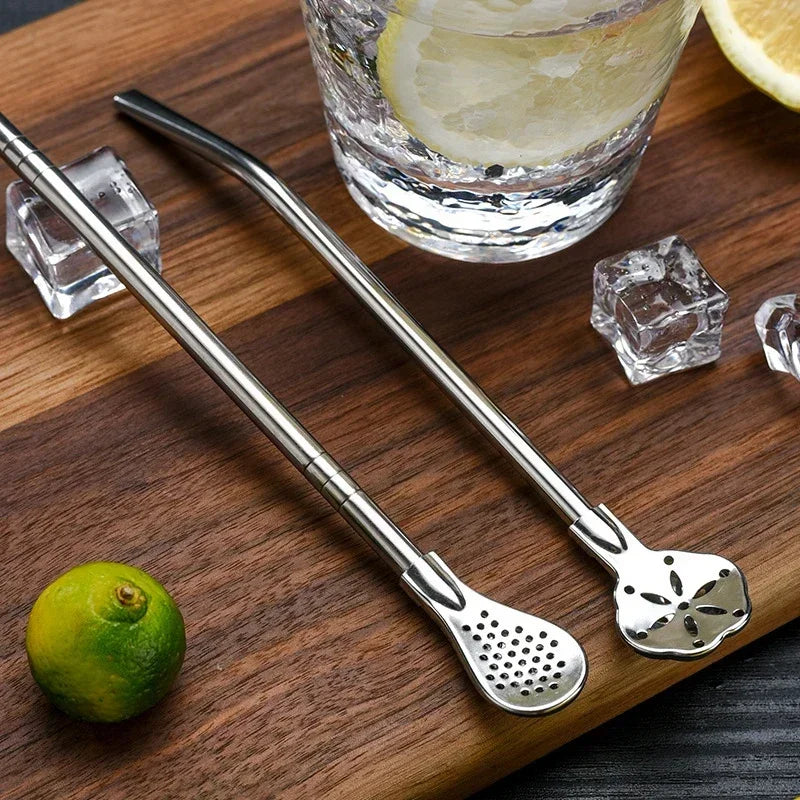 Stainless Steel Drinking Straw Spoon Tea Filter Detachable Reusable Metal Straws with Brush Drinkware Bar Party Tool Accessories