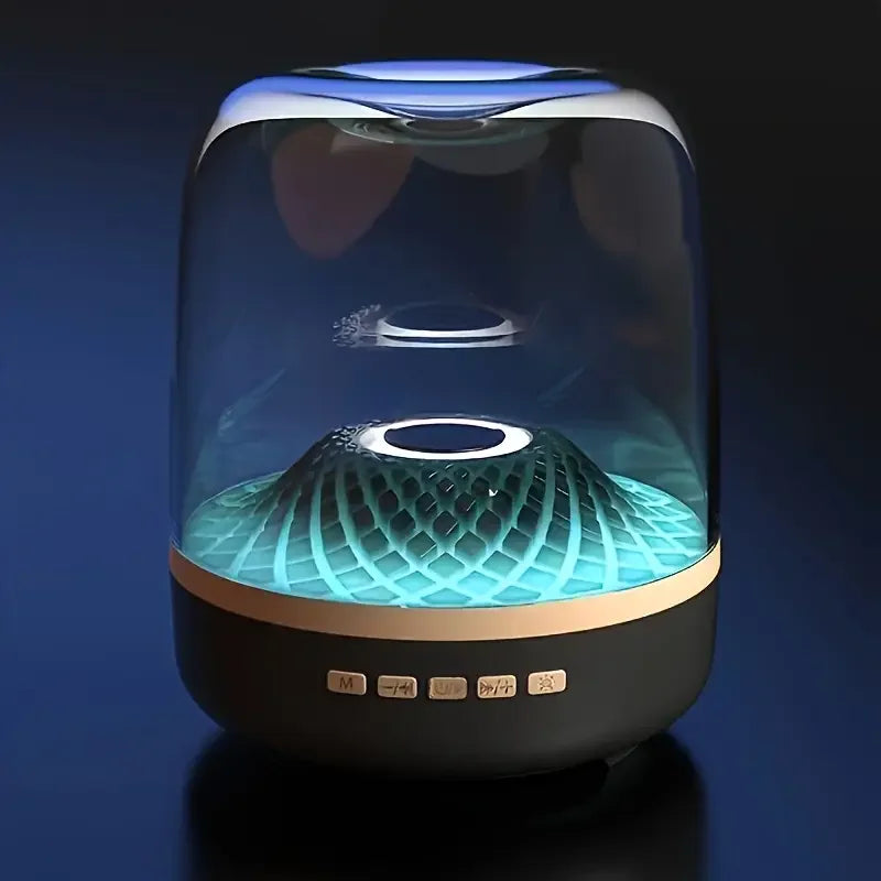 Compact Black Wireless Mini Stereo Speaker with 360° Surround Sound, 7 LED Lighting Effects, USB Type-C Charging, Wireless Conne