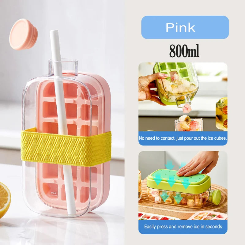 Portable 2-in-1 Ice Cube Mold Summer Cold Water Bottle with Straw Zero Contact Easy Demould Silicone Ice Cube Maker
