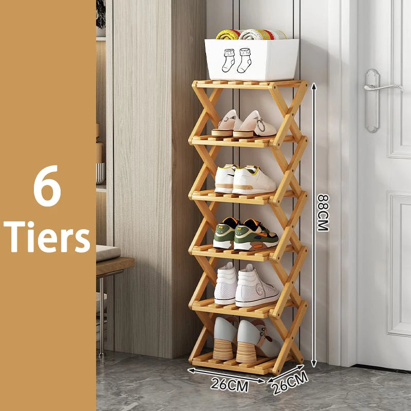 2-9 Tiers Bamboo Shoe Rack Without Installation Small Shoe Rack, Foldable Shoe Storage Rack, Shoe Organizer for Entryway
