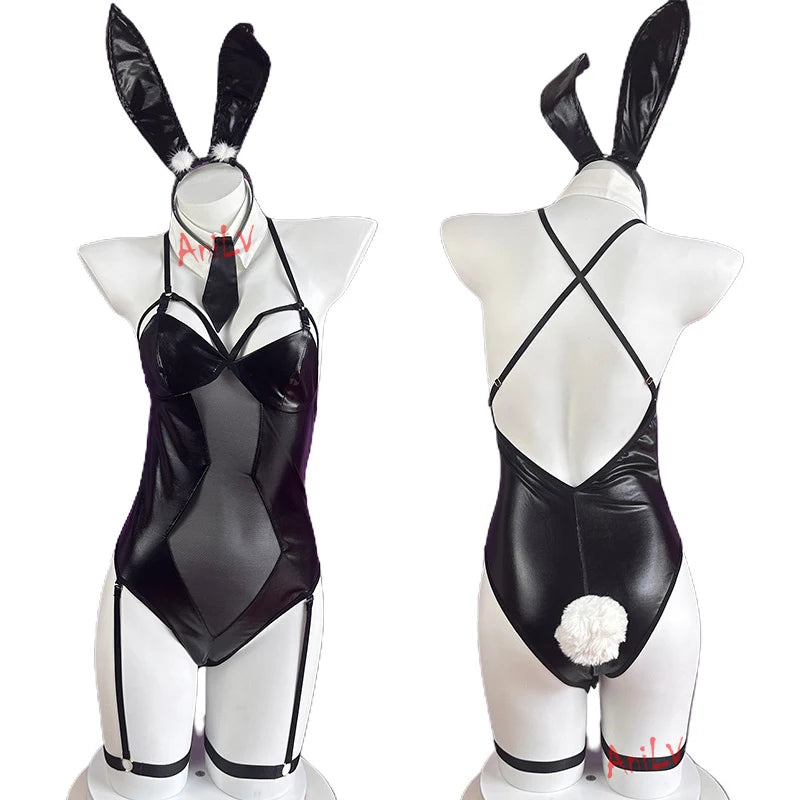 AniLV New Bunny Girl Series Leather Boysuit Unifrom Cosplay Women Zipper Hollow Mesh Rabbit Onesie Pajamas Outfits Costumes