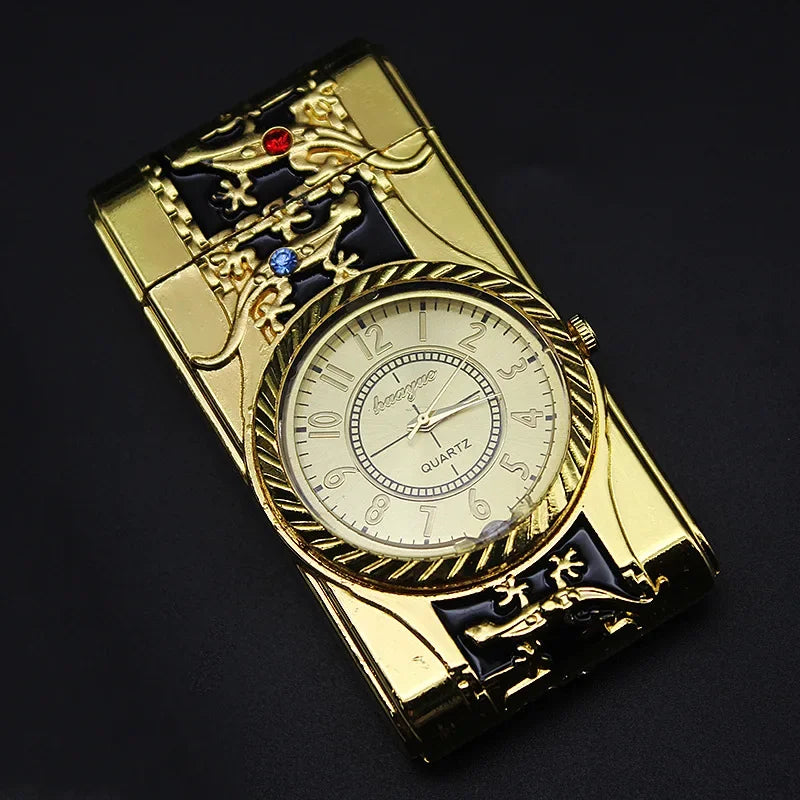 Luxury Gold Watch Jet Lighter Torch Turbo Gas Lighter Windproof Cigar Cigarette Metal Lighter LED Gasolin Butane Cigarette Acce