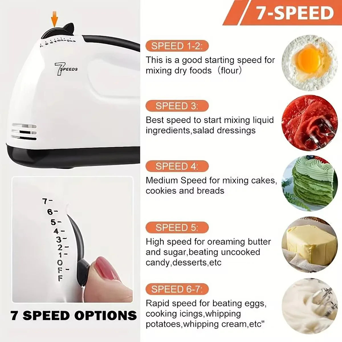7-Speed Handheld Electric Egg Beater Mini Automatic Mixer for Egg White And Cream with EU/US Plug Household Kitchen Tool