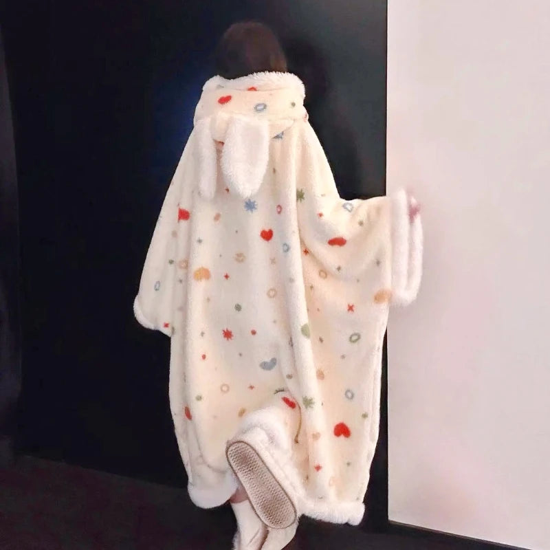 Kawaii Miffy Bunny Plush Hooded Sleepwear Thickened Velvet Fleece Women Cozy Home Wear Nightgown Outwear Thermal Capable Pajama