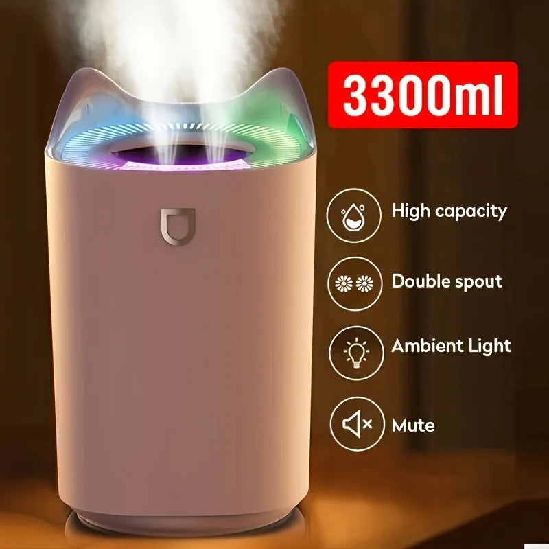 3.3L Large Capacity Double Nozzle LED Light humidifier Ultrasonic 3300ml Essential Oil Diffuser H2o Room Air Humidifiers