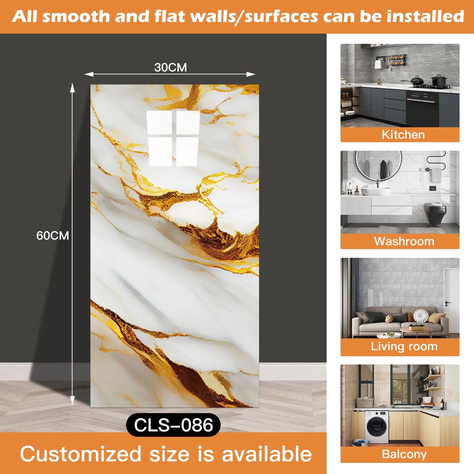 30x60/30cm Kitchen Self Adhesive Marble Tiles Wall Stickers Waterproof PVC Floor Tile Sticker Living Room Bathroom Decor