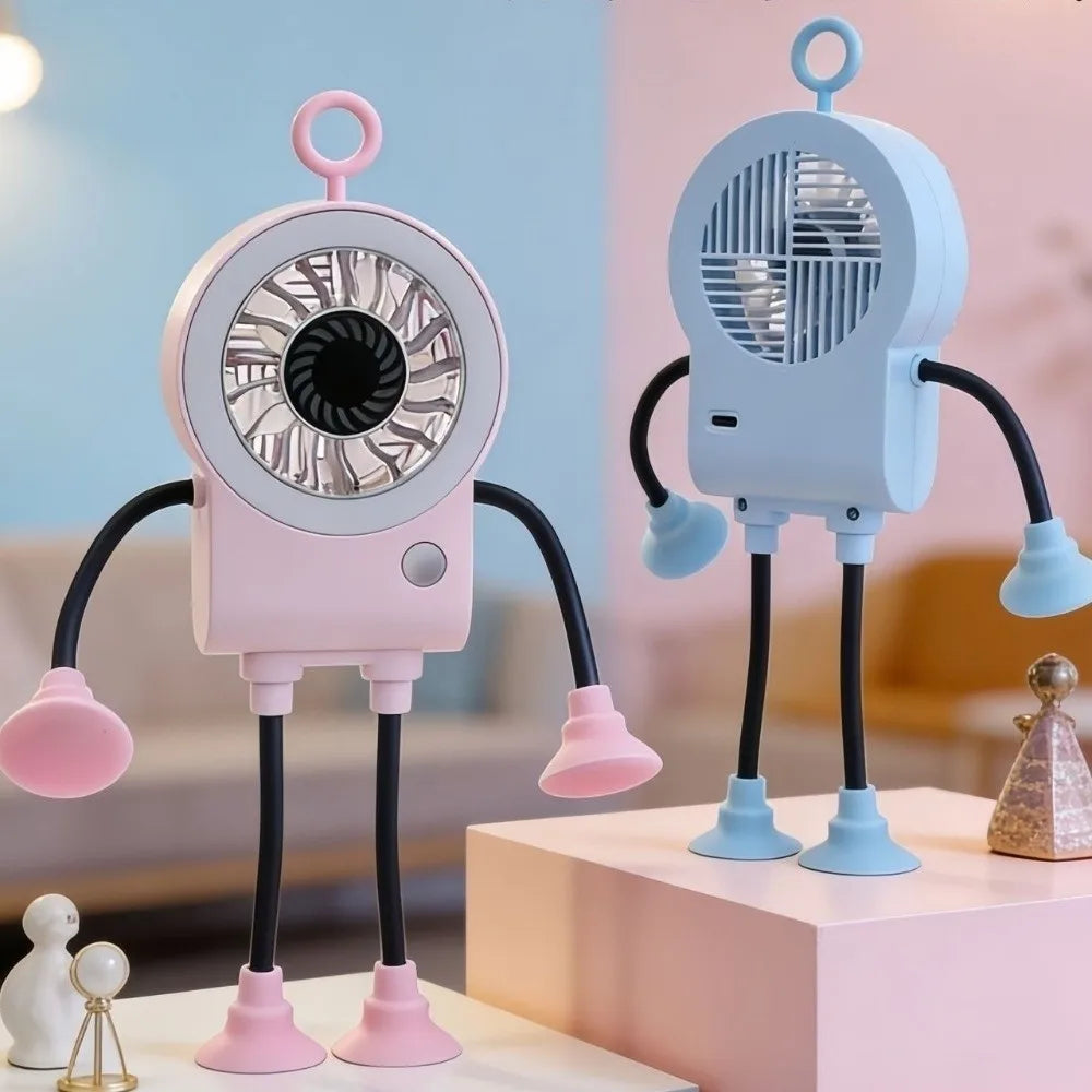 USB Rechargeable Robot Suction Cup Fan Quiet Operation Digital Display Portable USB Fan 5 Speed Adjustable Flexible Bendable