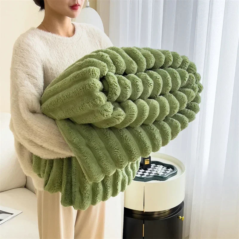 Ultra Soft Faux Rabbit Fur Throw Blanket Warm Plush Striped Blankets Conditioning Quilt Fluffy Throws for Couch Chair Sofa
