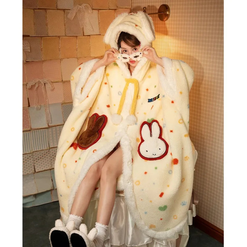Kawaii Miffy Bunny Plush Hooded Sleepwear Thickened Velvet Fleece Women Cozy Home Wear Nightgown Outwear Thermal Capable Pajama