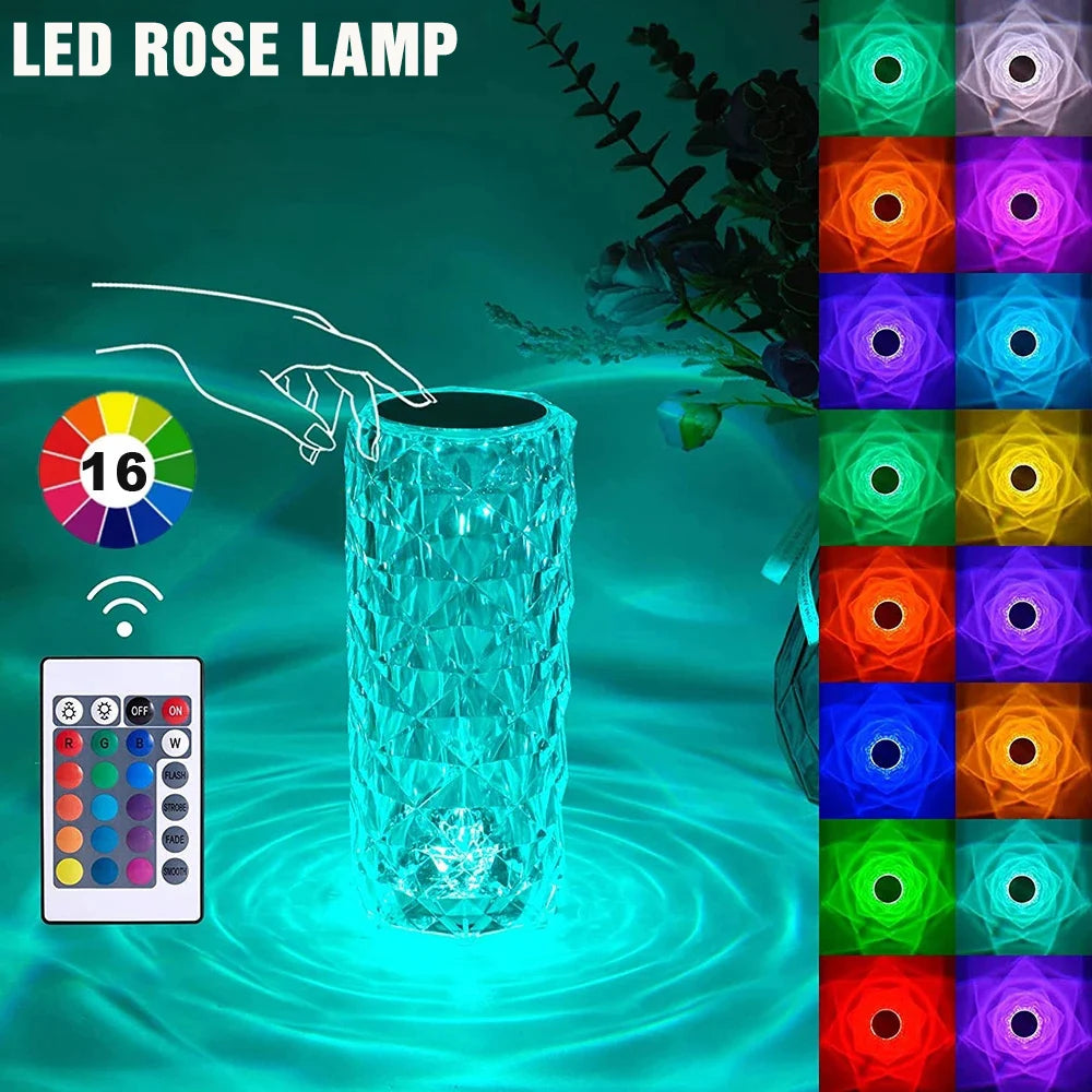 Crystal Rose Lamp 16 Colors RGB Night Light Touch Lamp USB Romantic LED Rose Table Lamps For Bedroom Party Dinner Decor Light