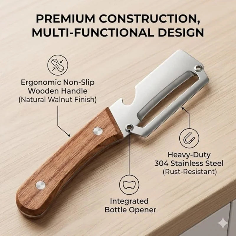 2 PCS Premium Vegetable Peeler Set Stainless Steel Blade with Wooden Handle Kitchen Tool for Fruit Apple Potato Pumpkin Papaya Zucchini Includes Bottle Opener