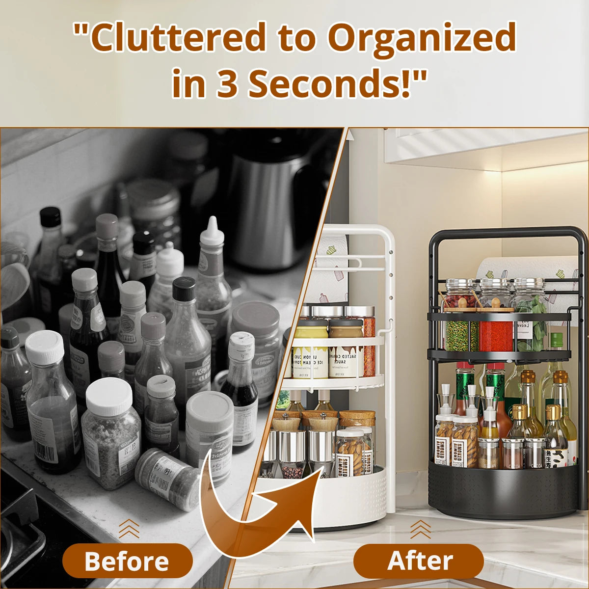 Multi-Tier Rotating Kitchen Organizer Condiment & Paper Towel Storage Rack Multifunctional Countertop Spice Stand for Home Use
