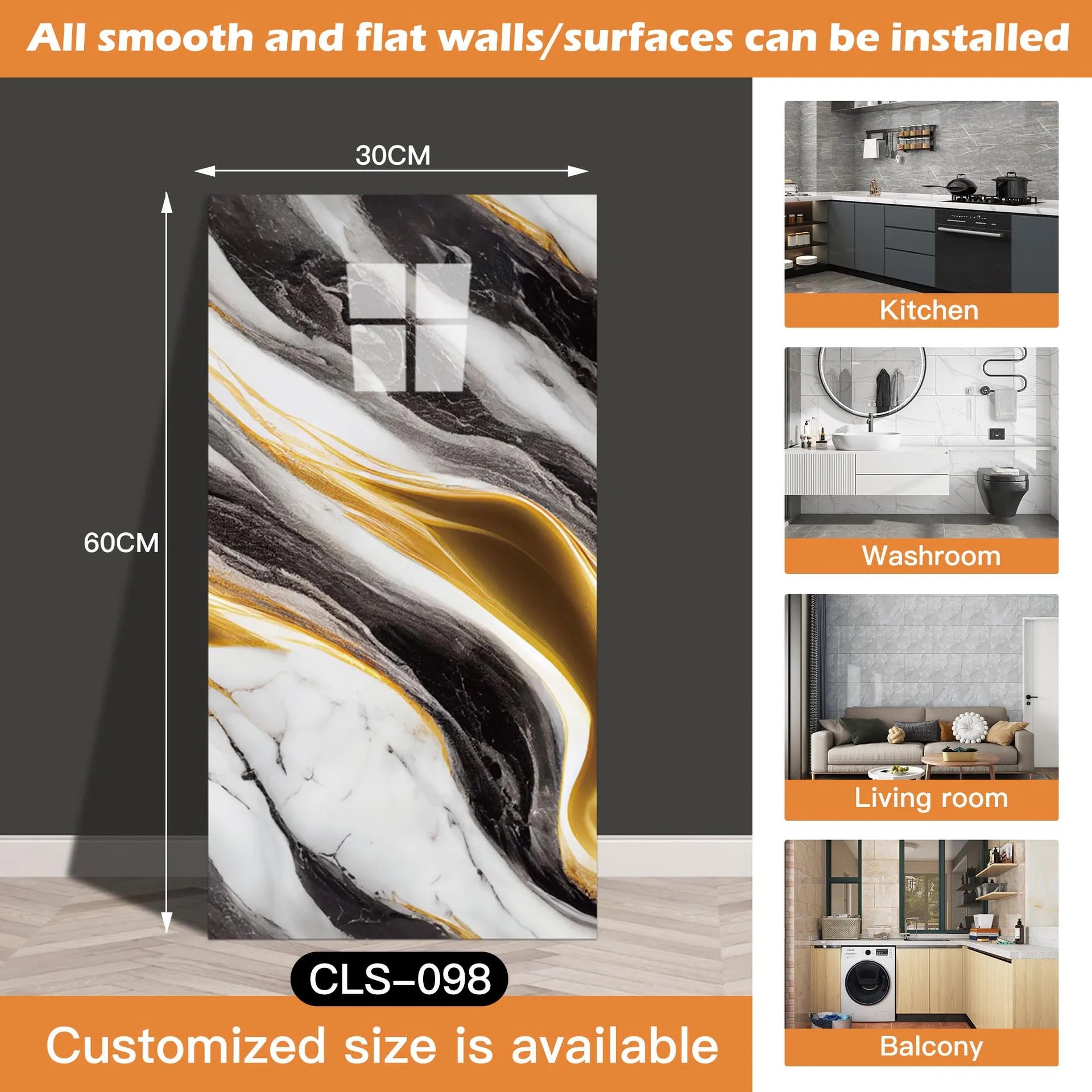 30x60/30cm Kitchen Self Adhesive Marble Tiles Wall Stickers Waterproof PVC Floor Tile Sticker Living Room Bathroom Decor