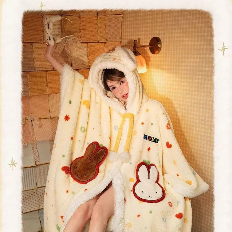 Kawaii Miffy Bunny Plush Hooded Sleepwear Thickened Velvet Fleece Women Cozy Home Wear Nightgown Outwear Thermal Capable Pajama