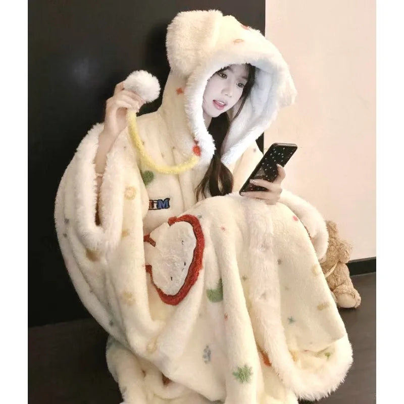Kawaii Miffy Bunny Plush Hooded Sleepwear Thickened Velvet Fleece Women Cozy Home Wear Nightgown Outwear Thermal Capable Pajama