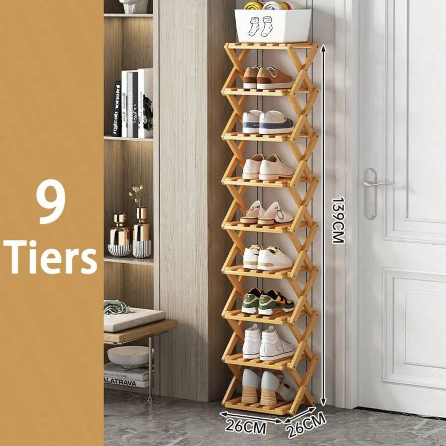 2-9 Tiers Bamboo Shoe Rack Without Installation Small Shoe Rack, Foldable Shoe Storage Rack, Shoe Organizer for Entryway
